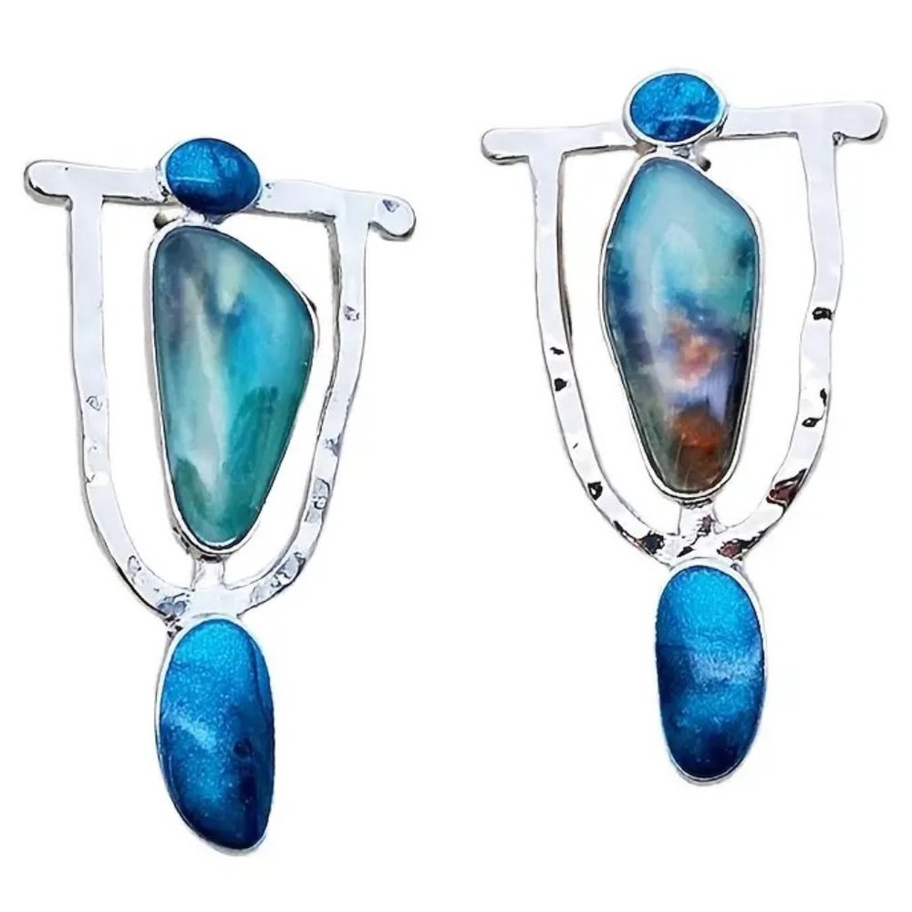 Vintage Boho Silver Marble Pattern Natural Stone Dangle Earrings  NEW